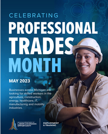 Professional Trades Month graphic with woman in hardhat