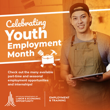 Youth Employment Month graphic with young man in apron 