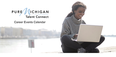 Pure Michigan Talent Connect Career Events Calendar text with image of woman on laptop