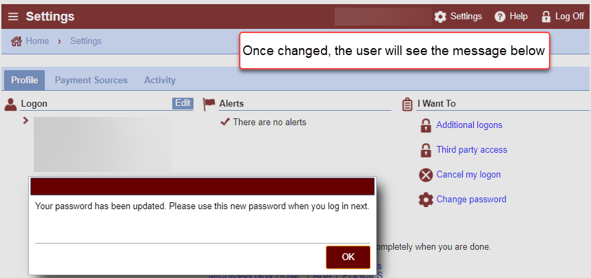 Password change message