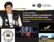 Collage of images showing different buildings and a female veteran in a vest with native patches on it
