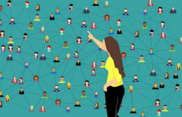 Icon of woman standing an pointing to smaller icons of people who are all connected by dotted lines