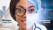 Split image of woman wearing scrubs and a surgical mask on one side and in regular clothes on the other