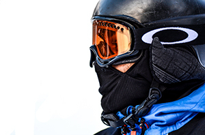 Close up of a ski helmet on someone's head