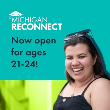Michigan Reconnect graphic with young woman 