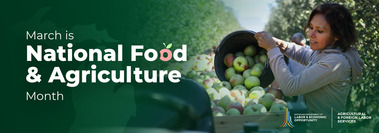 March is Food & Agriculture Month banner with woman pouring apples into a crate