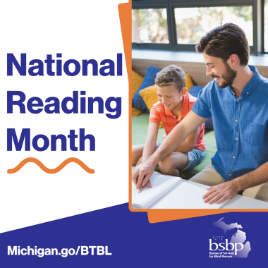 National Reading Month graphic with man reading a braille book with child