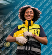 All Access banner with woman holding a hardhat