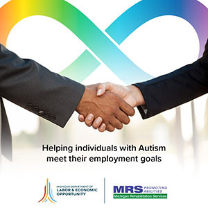 Autism Acceptance Month graphic with two hands shaking and a rainbow infinity symbol in the background
