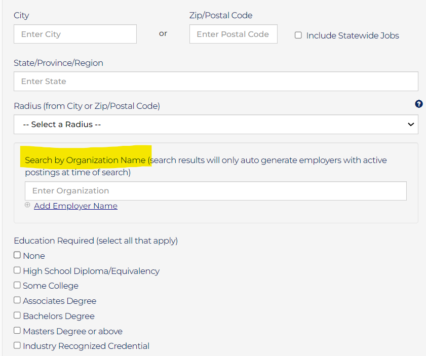 Search by Employer Name section of MiTalent.org advanced job search