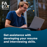 FAE&T graphic with young man browsing on laptop