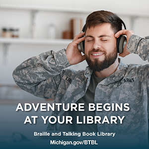 BTBL summer reading graphic with soldier listening to audiobook