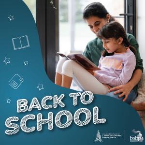 BTBL Back to School graphic of mother reading to her child 