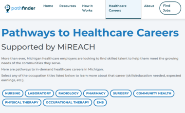 Pathways to Healthcare Careers page on Pathfinder.MiTalent.org