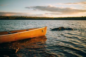 Front of a canoe in a lake