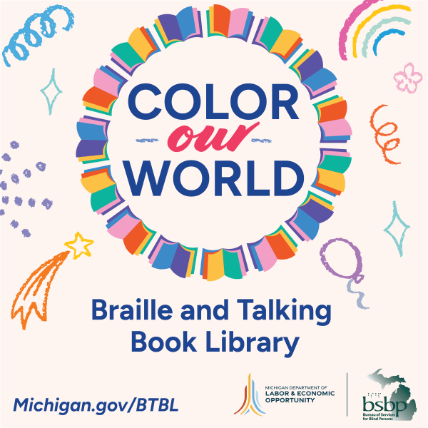 Braille and Talking Book Library Color our World graphic of books creating a circle