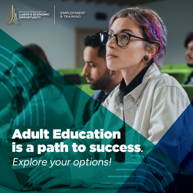 Adult Education is a path to success graphic of young woman sitting in a classroom