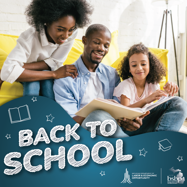 BTBL Back to School graphic of father reading to two girls