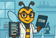 Cartoon bee in a lab coat and glasses holding up a math counter and a tablet that says "stem"