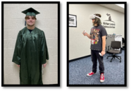 Hayden in a graduation cap and gown and using VR