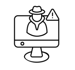computer logo with warning exclamation point and scammer persona icon