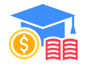 blue graduation cap yellow dollar sign and red book