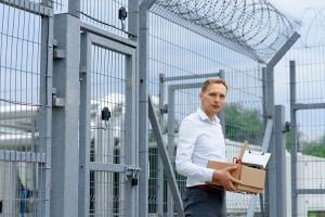 Man holding a box outside a prison wall