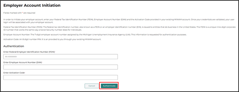 Screenshot of the Employer account initiation screen with a red box around the Authenticate button