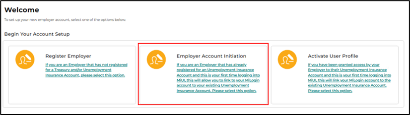 Screenshot of the Welcome page with a red box around Employer Account Initiation