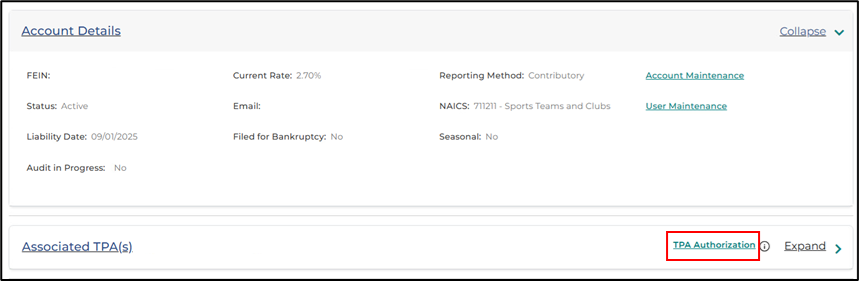 Screenshot of the Employer homepage with a red box around the TPA Authorization button