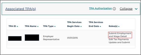 Screenshot of the Associated TPAs screen with a red box around Submit Employment and wage detail