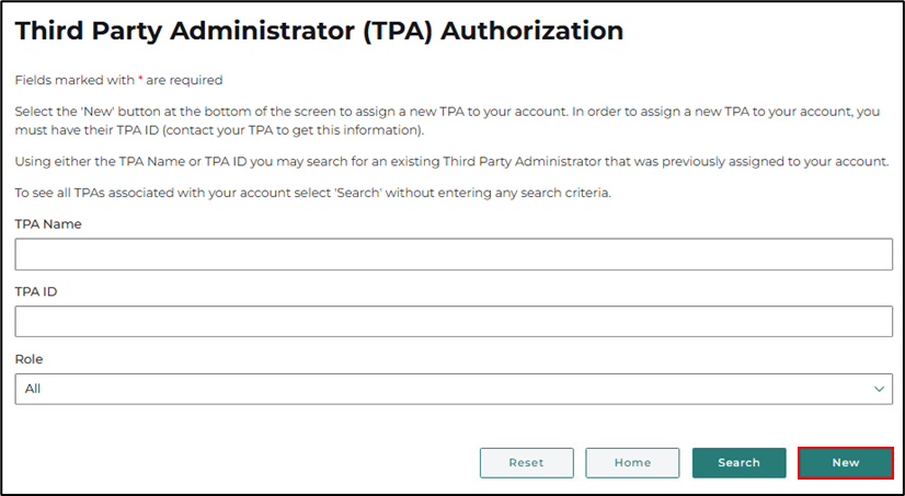 Screenshot of the TPA Authorization screen with a red box around the New button
