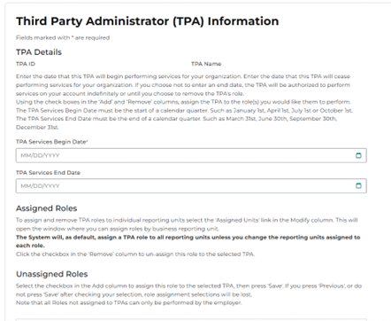 Screenshot of the TPA information screen
