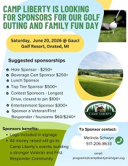 Camp Liberty sponsorship flyer with details about different sponsorship levels and the June event