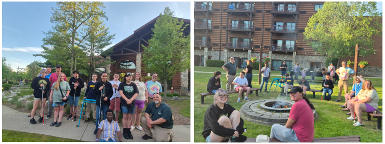 Pre-ETS students by a campfire and doing other activities at Great Wolf Lodge