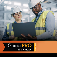 Going PRO Talent Fund graphic of two people in safety vests looking at laptop