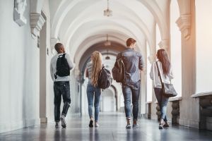 From behind view of four students walking in college