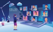 Online conference graphic with various people saying hi from different screens