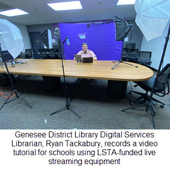 Genesee District Library Digital Services Librarian, Ryan Tackabury, records a video tutorial for schools using LSTA-funded live streaming equipment
