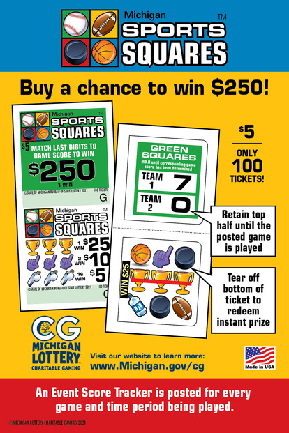 Michigan Sports Squares ticket face and open ticket sample showing team 1 and team 2 score in top window and instant win on bottom window.