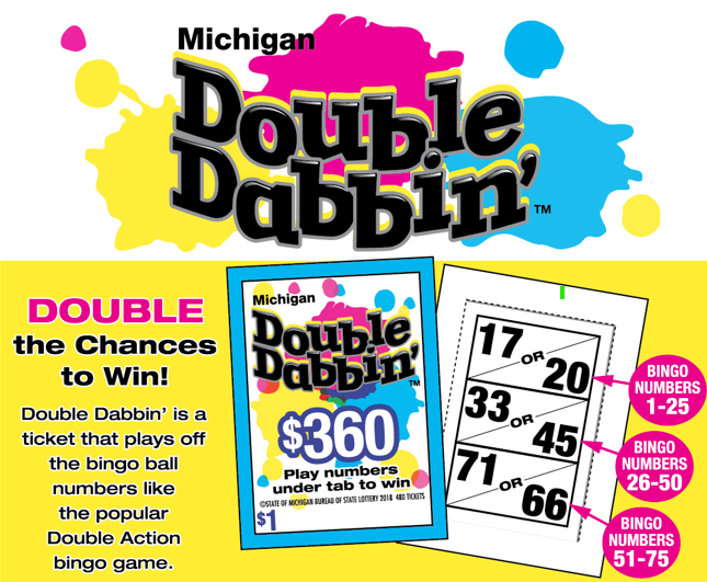 Double Dabbin' ticket front and open ticket showing dab numbers.