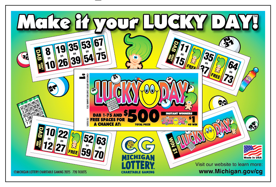 Lucky Day $1 Ticket - Image of ticket face, instant winner, and 3 dual dab tickets