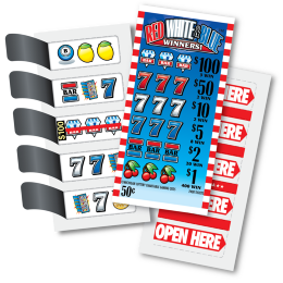 Red White and Blue Winners $1 charity game ticket, picture of 2 tickets including ticket face, ticket with open tabs showing symbols, and tabs closed