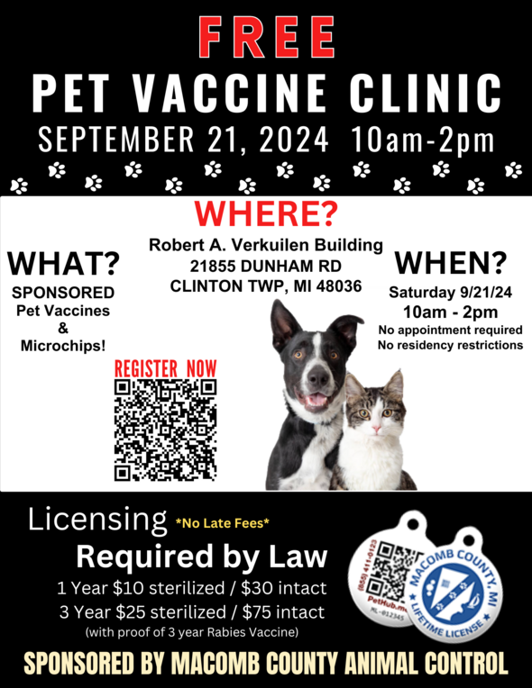 FREE Pet Vaccine Clinic Saturday September 21, 2024 10am-2pm!