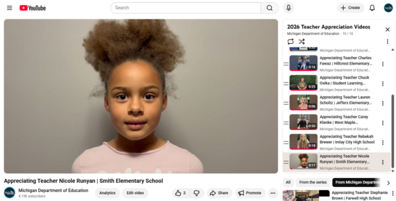 Michigan Department of Education's 2026 Teacher Appreciation Video Playlist on YouTube
