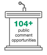 "104+ public comment opportunities" on a line drawing of a podium with a microphone