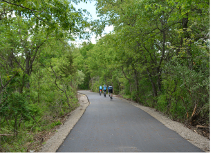 Bikers on a paved trail winding through a leafy forest.