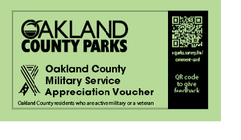 Oakland County (OC) Parks OC Military Service Appreciation Voucher. OC Residents who are active military or a veteran. QR code to give feedback