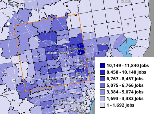 Map depicting Place of Residence of Workers in Oakland County, by ZIP Code 