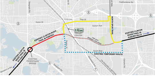 Map showing the Clinton River Trail